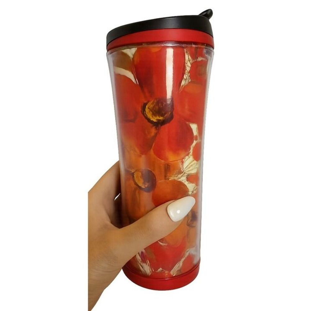 Starbucks Travel Tumbler 2008 Red Floral Poppy Hot Coffee Cup Mug 16 Oz Grande